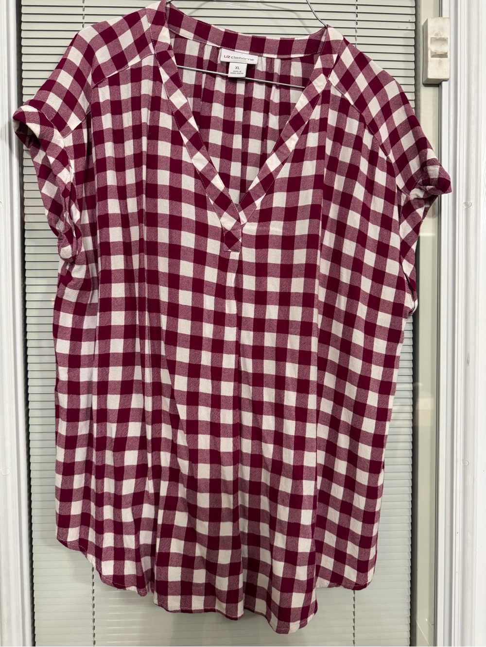 Liz Claiborne Burgundy and White Gingham V-Neck Tunic Top
